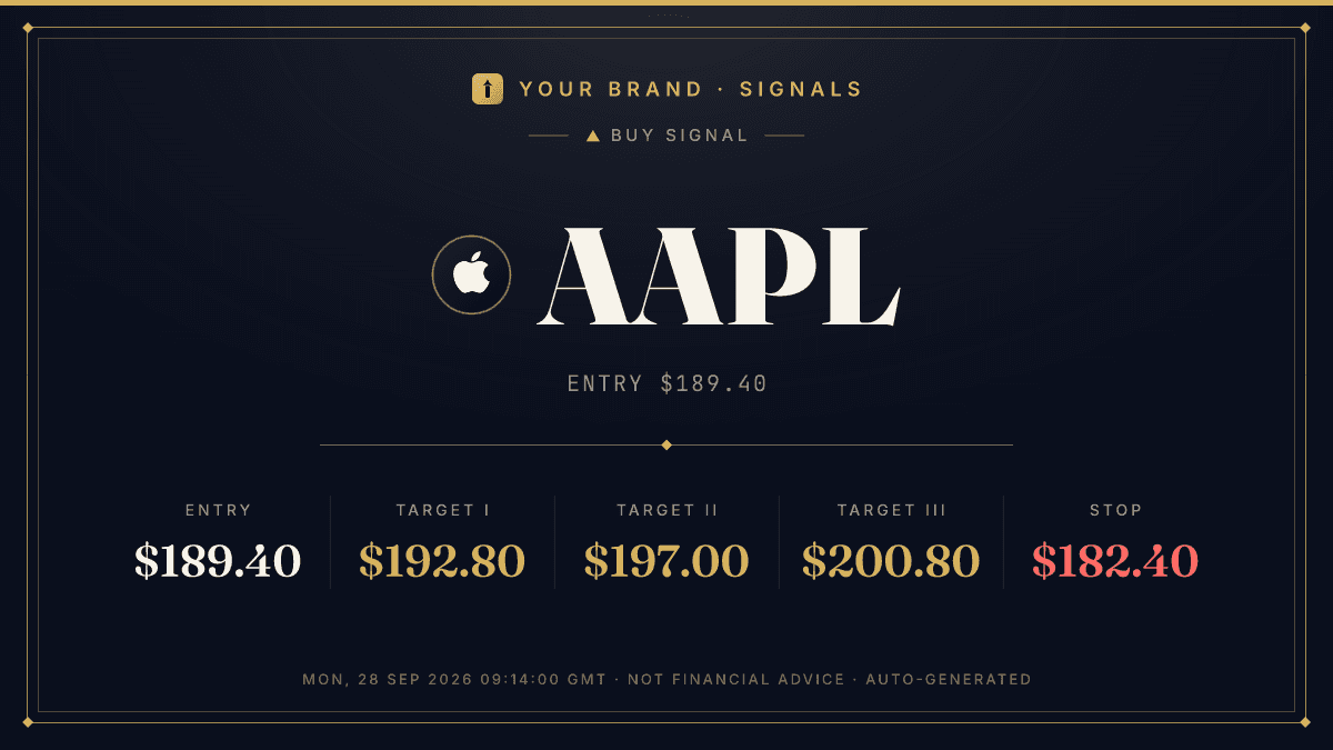 Luxe Navy Gold card design, buy side, a real render from the TickerShare engine