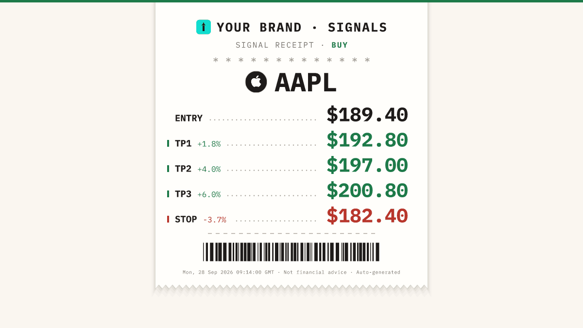 Receipt card design, buy side, a real render from the TickerShare engine
